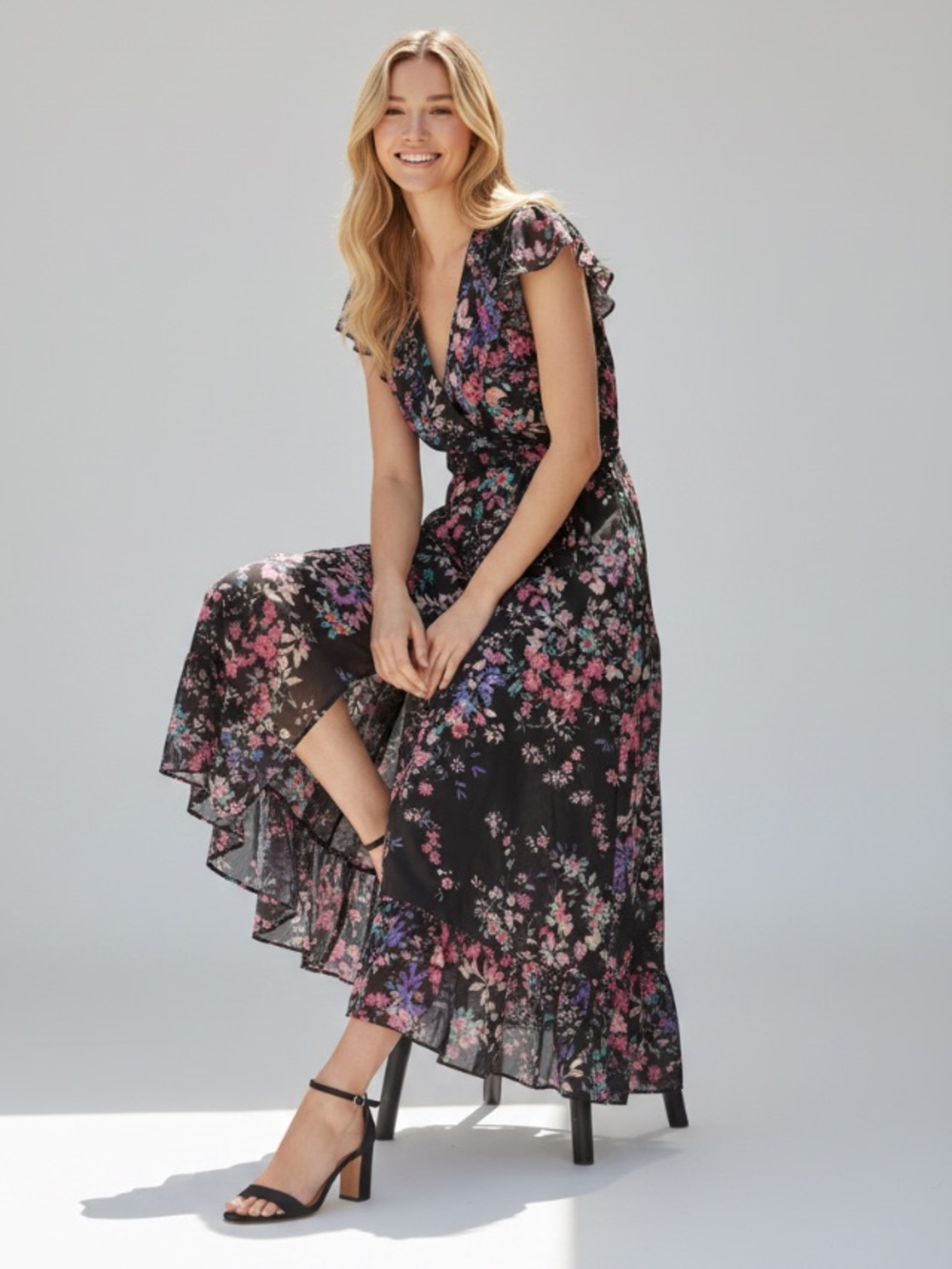 Apt. 9 Faux Wrap Maxi Black Floral Romantic Whimsigoth Dress Size 2X